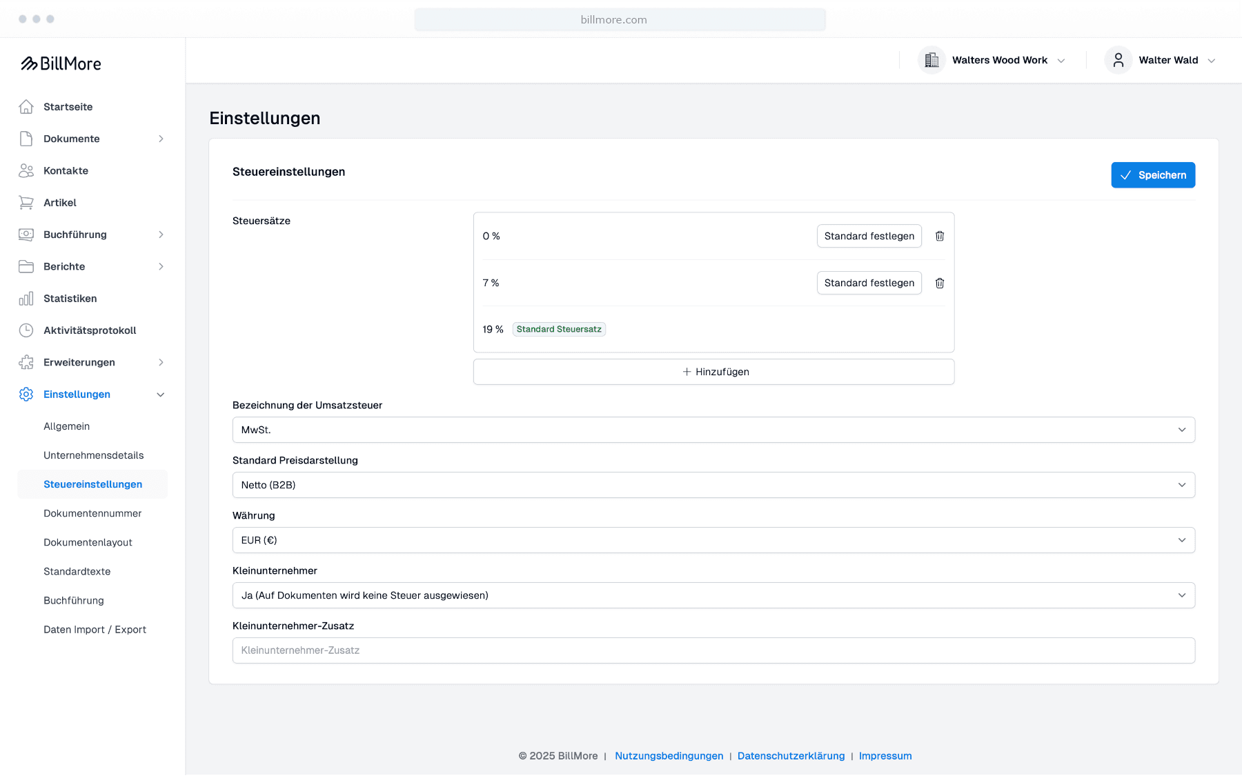 Kleinunternehmerregelung bei BillMore