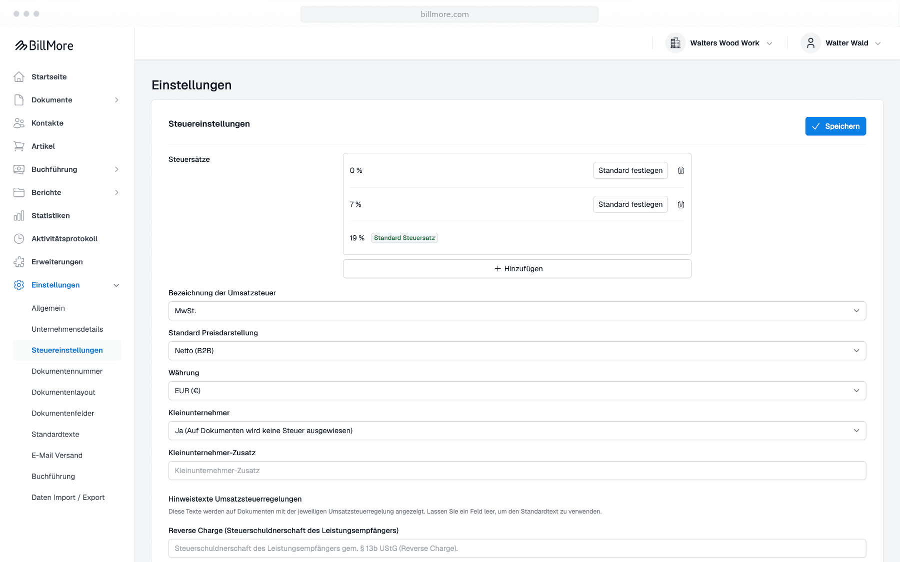 Kleinunternehmer-Einstellungen in BillMore