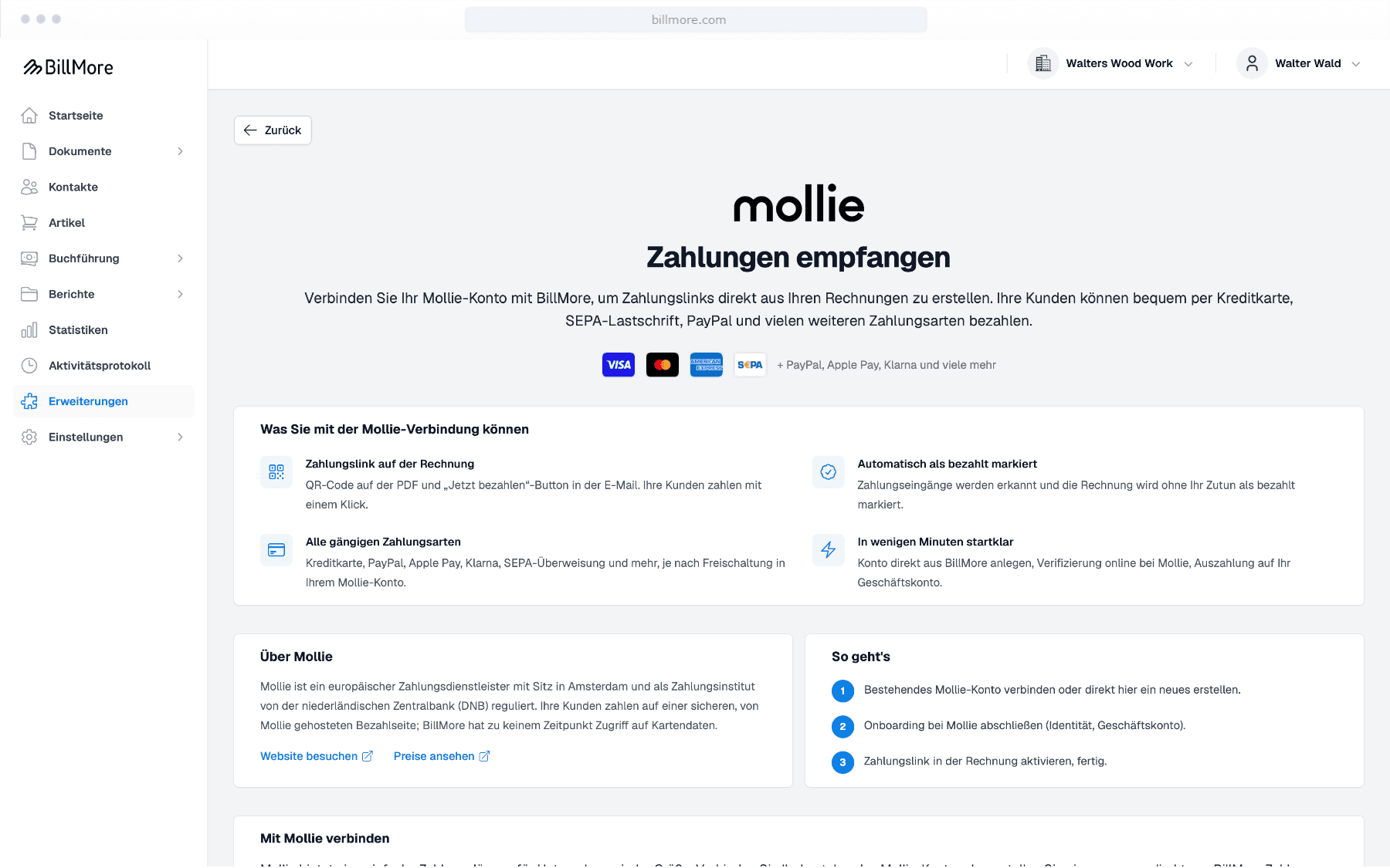 Mollie in BillMore verbinden, um Zahlungslinks auf Rechnungen zu erstellen